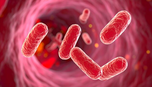 Detailed Microscopic View of Rod-Shaped Bacteria Floating in Bloodstream