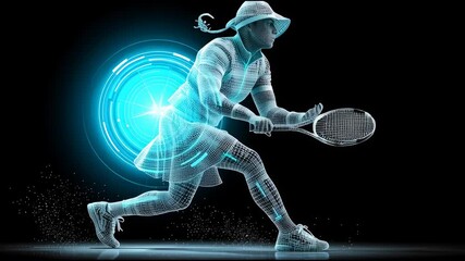 A mesh line art of a tennis player executing a powerful forehand swing, racket trail glowing, stylized futuristic concept
 - Powered by Adobe