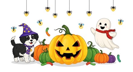 Adorable Halloween Cartoon Dog, Ghost, Pumpkins, and Glowing Insects; Festive, Whimsical Illustration.