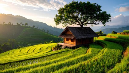 terraced agricultural system with a bamboo house. rice terraces concept