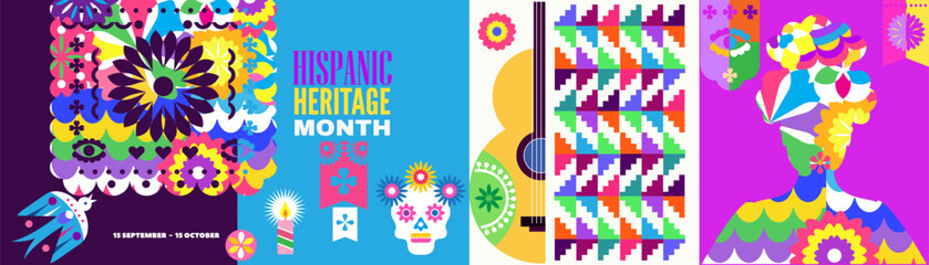 National Hispanic heritage month banner with girl, papel picado, guitar Hispanic and Latino Americans culture, event Celebrate annual october in United States Vector illustration template background