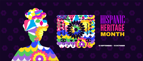 National Hispanic heritage month banner with girl, papel picado, guitar Hispanic and Latino Americans culture, event Celebrate annual october in United States Vector illustration template background