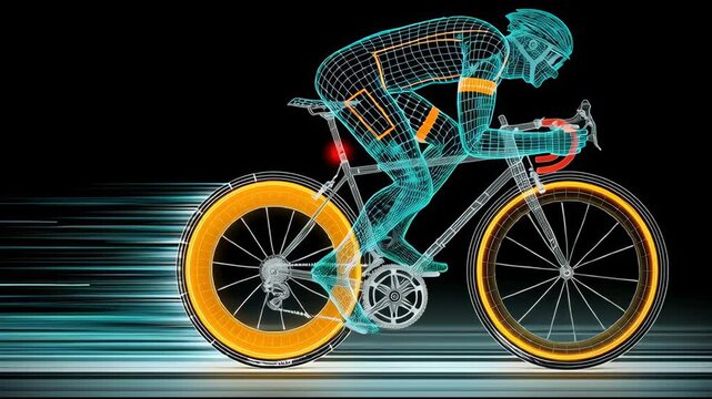 A mesh wire illustration of a cyclist in full sprint, bike and rider as continuous glowing mesh, motion blur trail behind