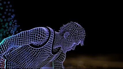 A mesh wireframe of a basketball player dunking in mid-air, glowing edges, motion trails, perfect for sports advertising visuals