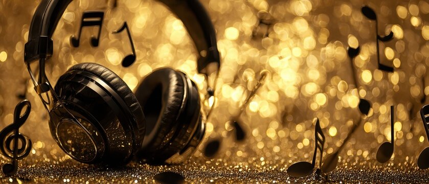 The captivating headphones surrounded by shimmering golden music notes and sparkle.