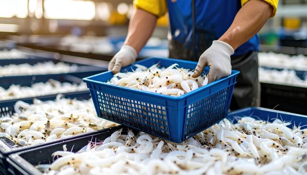 fresh white shrimp harvesting activities at aquaculture farm.