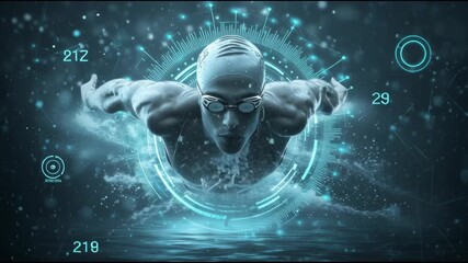 A swimmer diving in, surrounded by water-activated holographic performance metrics
 - Powered by Adobe