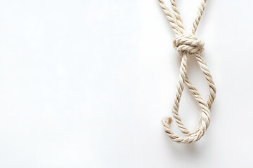 Knot tied in natural rope against white backdrop, evokes nautical themes, minimalist design, perfect for backgrounds or textures