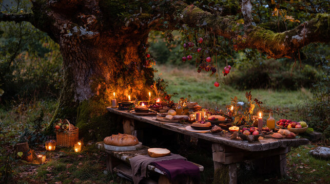 Mabon Pagan Equinox, harvest feast table under oak tree, fruits, bread, cider, candles glowing at dusk