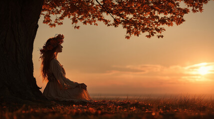 Naklejka premium Mabon Pagan Equinox, serene woman meditating near tree with wreath of autumn flowers