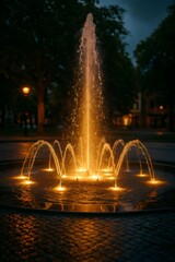 Fototapeta premium Illuminated fountain sprinkling water in a city park at dusk