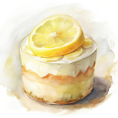 Delicate watercolor painting of a lemon layer cake with cream frosting