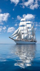 Majestic Tall Ship Sailing on Tranquil Waters with Sunlit Sails and Blue Sky Reflections Ahead