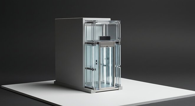 Futuristic concept of a modern glass elevator. 3D render of a panoramic lift for residential or commercial buildings.