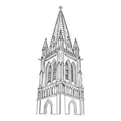 Fototapeta premium Vector line art of Gothic cathedral tower with tall spire and arched windows, perfect for moody architecture lovers and Dark Academia aesthetic.