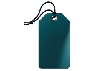 Teal green blank price tag hanging by black string, metal eyelet visible, ready for retail pricing and promotional displays