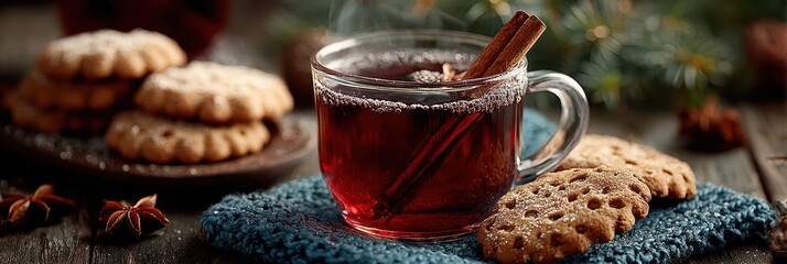 Warm cup of spiced tea sits on cozy table with cookies during winter gathering