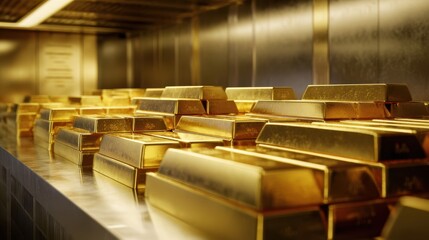 The collection of gold bars stacked in a secure vault.