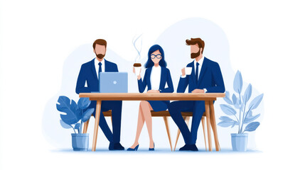 A professional team meeting at a table with a laptop, coffee cups, and plants, symbolizing collaboration and productivity in a modern workspace.