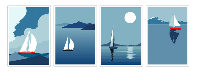 Vintage Retro Minimalist Sailing Posters Set , Nautical Wall Art with Sailboats, Ocean Travel Decor, Maritime Adventure Prints.