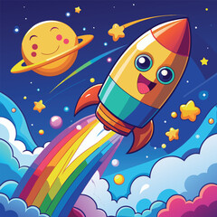 Obraz premium Cute cartoon rocket blasting off into space with a rainbow trail and smiling planet