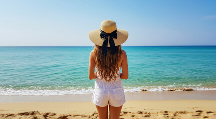 Obraz premium Young woman with long hair wearing a sunhat and white outfit standing on sandy beach facing the turquoise sea horizon.