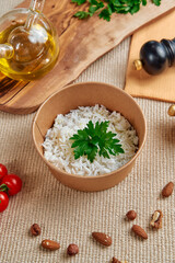 A Magnificent Bowl of Fluffy Rice Garnished with Fresh Herbs Surrounded by Vibrant Ingredients Offering a Culinary Delight Perfect for Any Meal