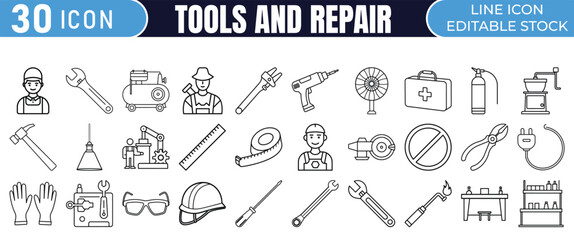 Tools and Repair Line Icons. 30 Editable Stroke Vector Icons Set