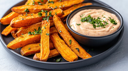 Crispy sweet potato fries served with creamy garlic aioli, garnished with fresh herbs