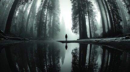 Misty forest scene with lone figure reflected in a still pond