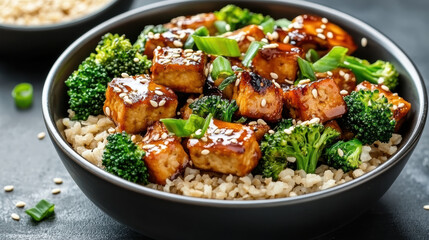 Fototapeta premium Delicious tofu stir fry with broccoli, sesame sauce, and brown rice creates vibrant meal