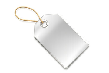 Fototapeta premium Metallic price tag dangling from string against transparent backdrop, highlighting minimalist retail pricing presentation