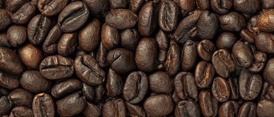 Naklejka premium The close-up view of rich roasted coffee beans scattered throughout the surface.