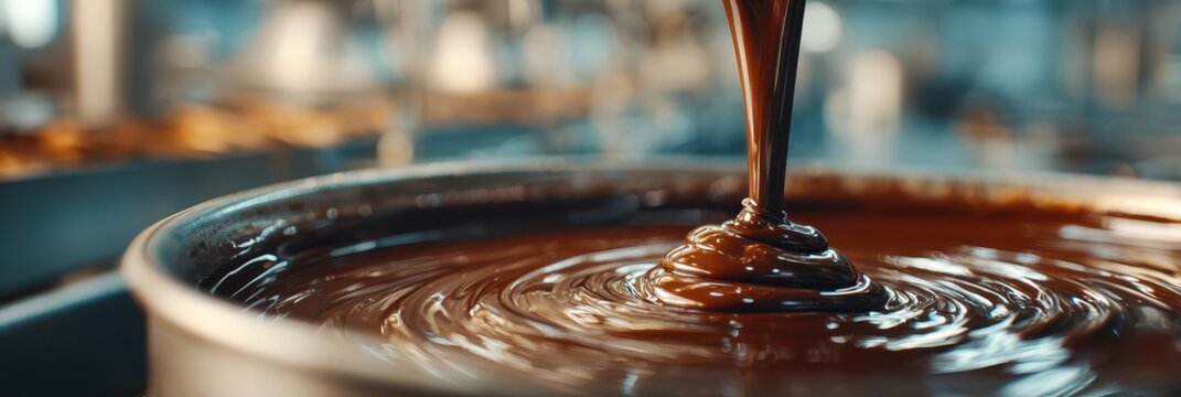 Liquid chocolate flowing from a mixer in a confectionery production facility during the day