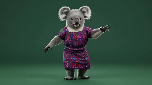 Cute Anthropomorphic Koala Character Dancing in Vibrant Dress Against Green Screen