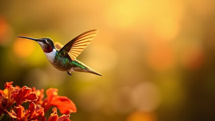 Naklejka premium Hummingbird Soaring Through a Flower Garden