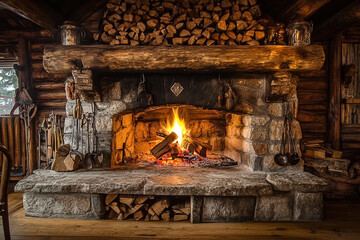 Cozy rustic fireplace with burning logs in a charming timber cabin ambiance