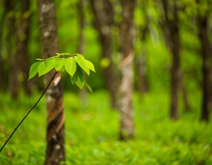Obraz premium Lush green leaves on a branch in a rubber plantation