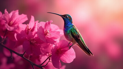 Fototapeta premium Delicate Hummingbird Enjoying Nectar from Blossoms