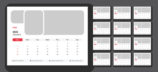 Desk Calendar Template 2026, New Year 2026 table calendar, Corporate desk calendar schedule 2026 monthly planner template, Week starts on Sunday.