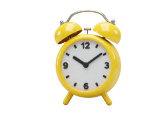 A bright yellow, vintagestyle alarm clock with two bells and a classic round face, isolated on a transparent background