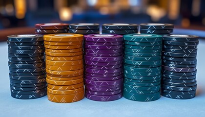 Colorful Stacked Poker Chips Creating a Vibrant Atmosphere for Engaging Casino Game Nights