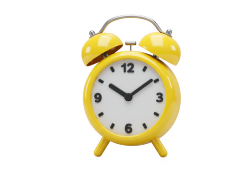 A bright yellow, vintagestyle alarm clock with two bells and a classic round face, isolated on a transparent background
