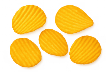 Five ridged potato chips falling against a transparent background, creating a tempting image for snack lovers