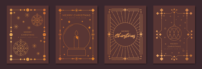 Christmas greeting card vector set. Happy new year poster template with gold line snowflake, bauble, candle, art deco frame on brown background. Design for season holidays, cover, Happy New Year.
