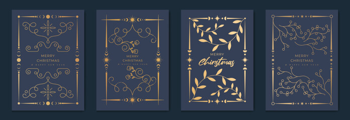 Christmas greeting card vector set. Happy new year poster template with gold line foliage and art deco frame on navy blue background. Design for season holidays, cover, Happy New Year.