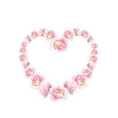Frame of pink flowers in the shape of a heart