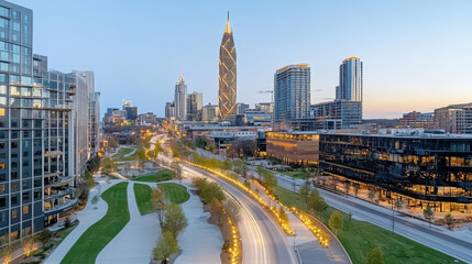 Fototapeta premium Aerial view of vibrant city skyline dusk, showcasing modern architecture and illuminated streets