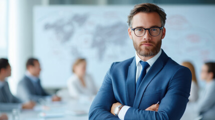 A confident businessman in a suit stands in the foreground, with colleagues engaged in discussion in the background, showcasing a professional environment.