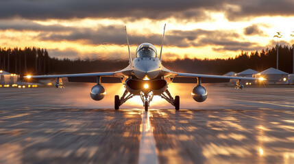 Fototapeta premium Fighter jet on during sunset, showcasing powerful afterburner and dramatic lighting